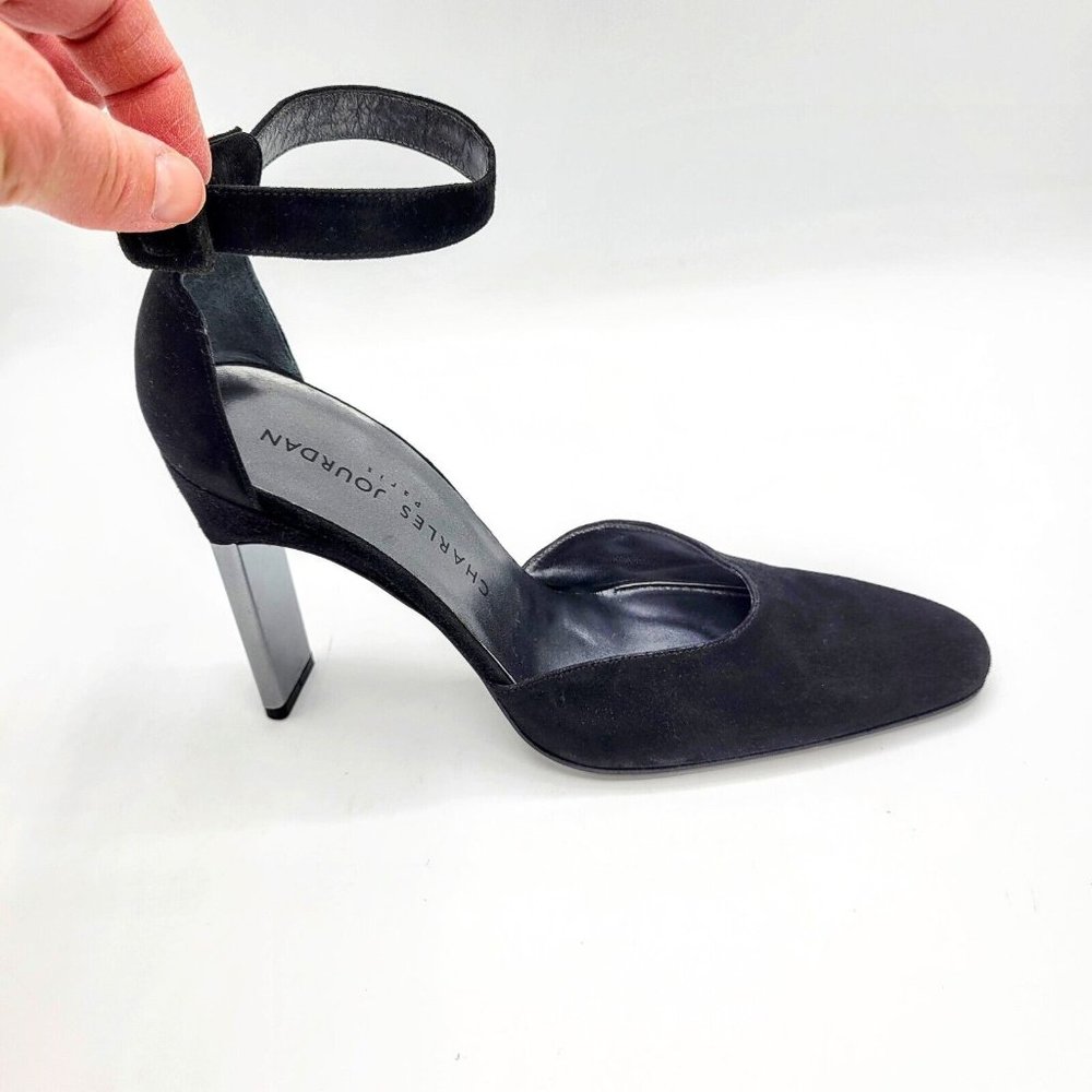 Charles Jourdan Paris Statement Flat Heels Ankle Strap Black Velvet Size 8.5